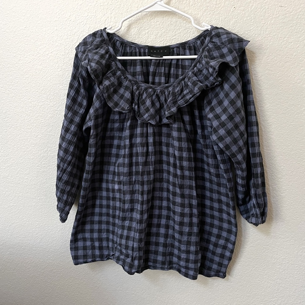 HATCH | The Margot Top Black and Blue Ruffle Collar Gingham Maternity  | Size 0